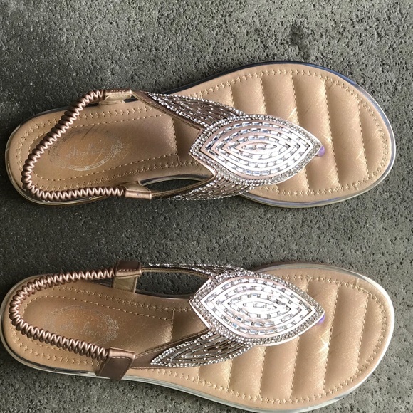 Italina Champagne Art Deco Rhinestone Embellished Flat Thong Slingback Sandal - Picture 6 of 10